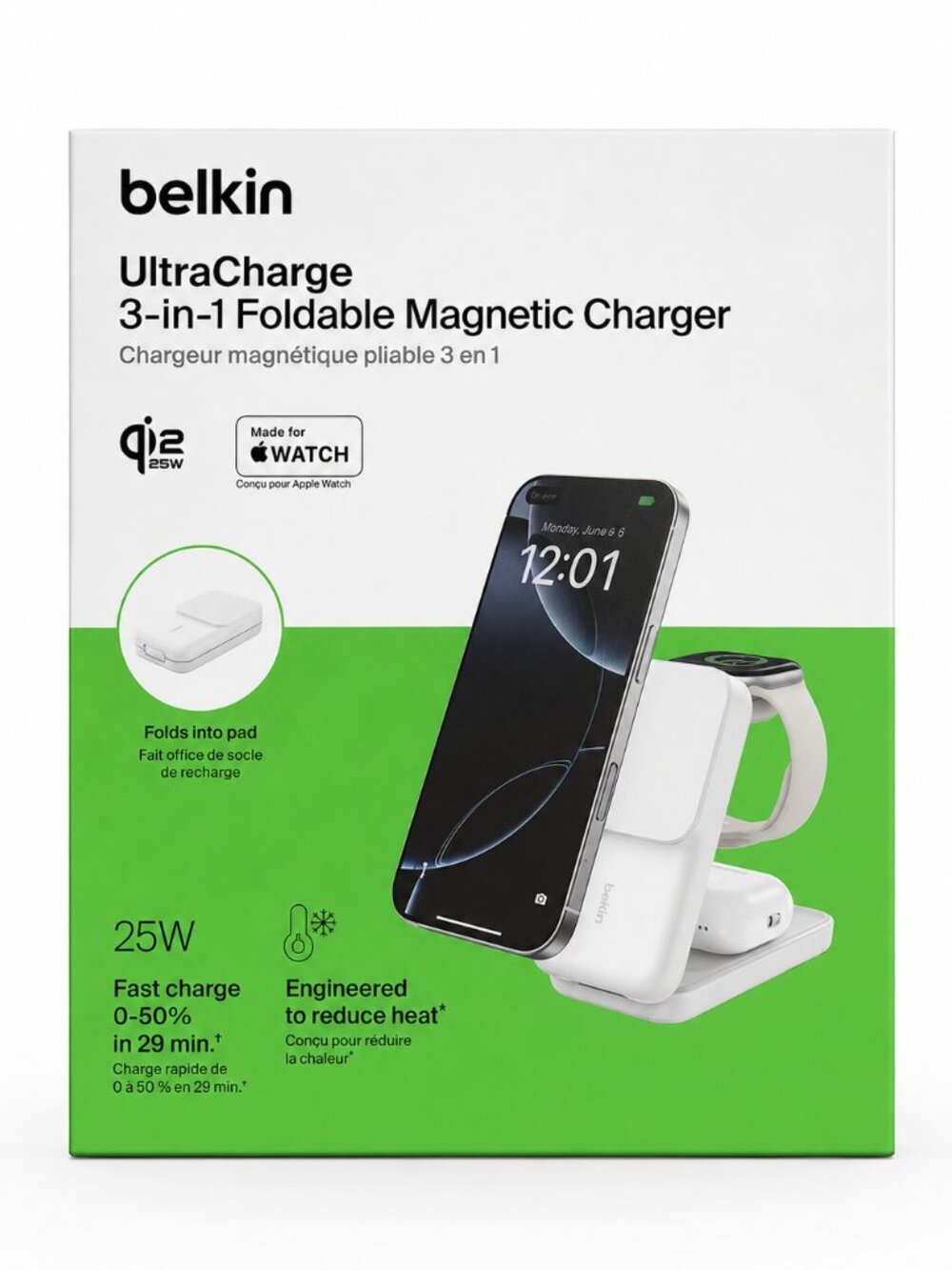 Belkin UltraCharge 3-in-1 Foldable Magnetic Charger 25w White Used